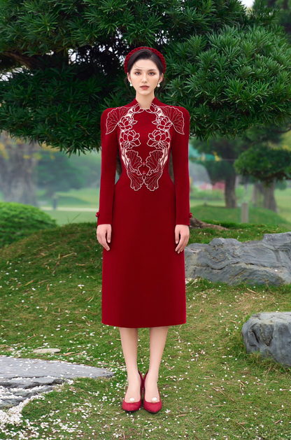 Red Velvet Embroidery Lotus Dress
