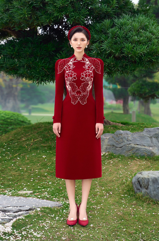 Red Velvet Embroidery Lotus Dress