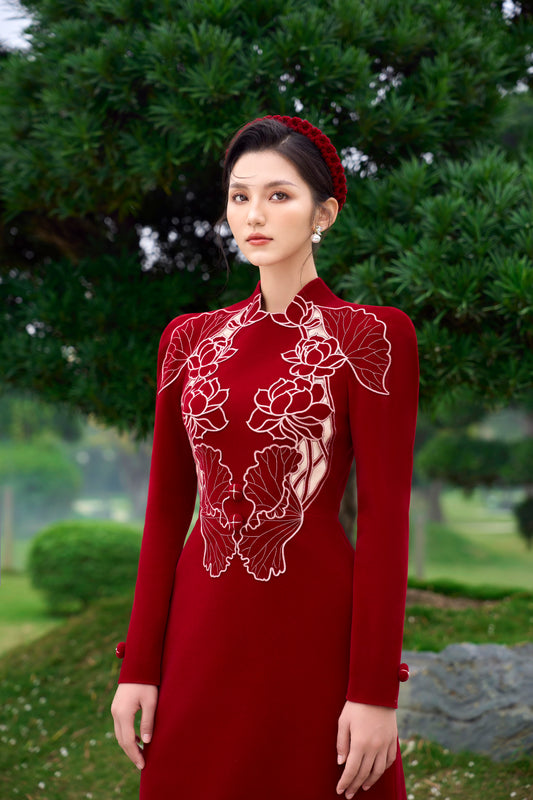 Red Velvet Embroidery Lotus Dress
