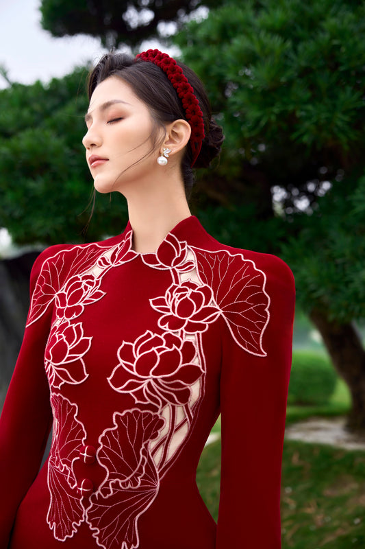 Red Velvet Embroidery Lotus Dress
