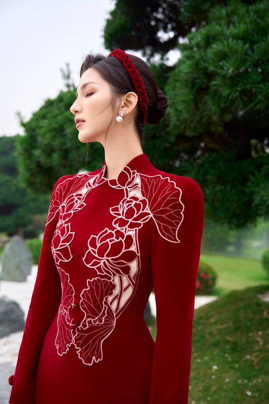 Red Velvet Embroidery Lotus Dress
