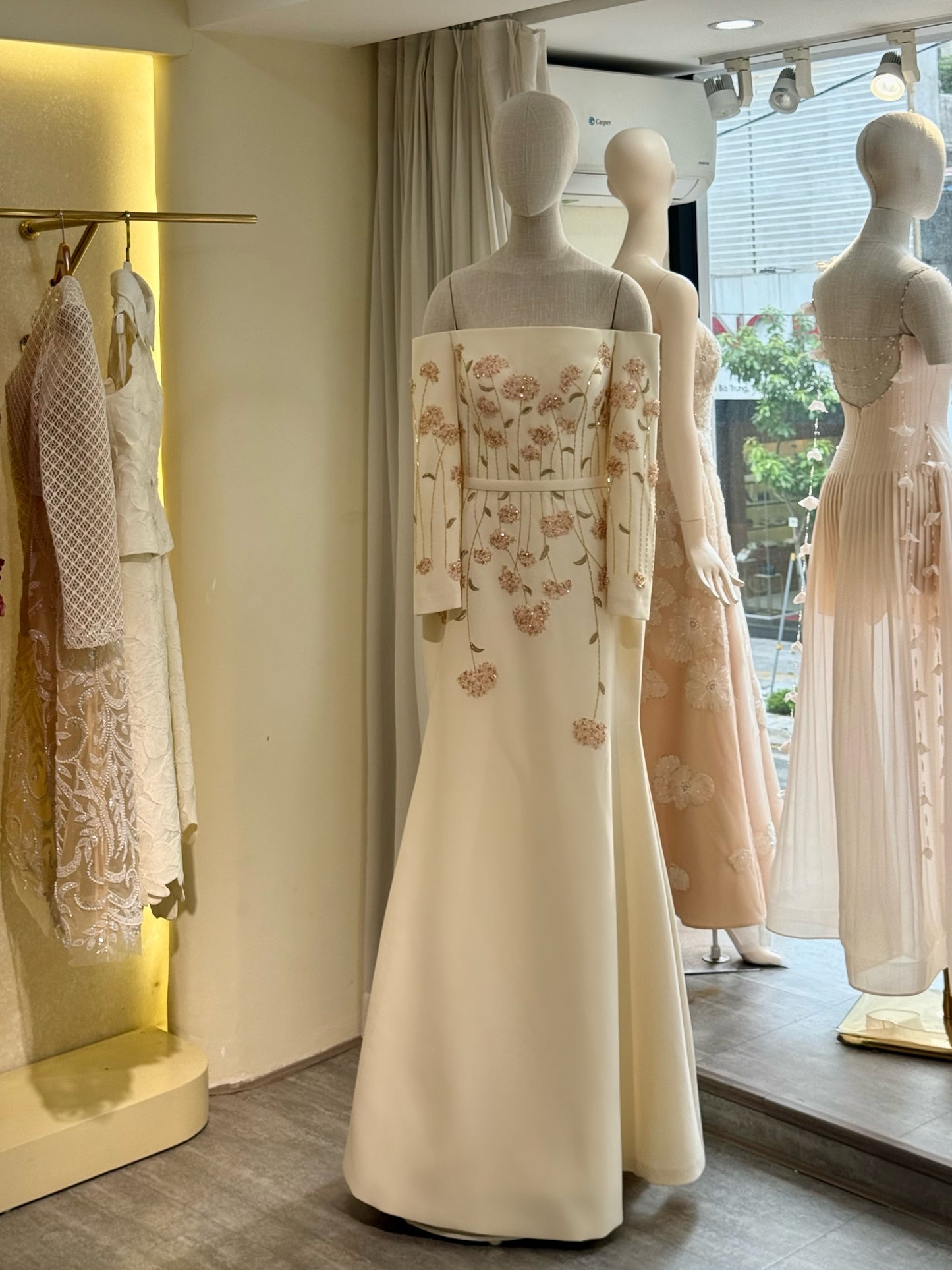 Ivory Off-shoulder Mermaid Dress.