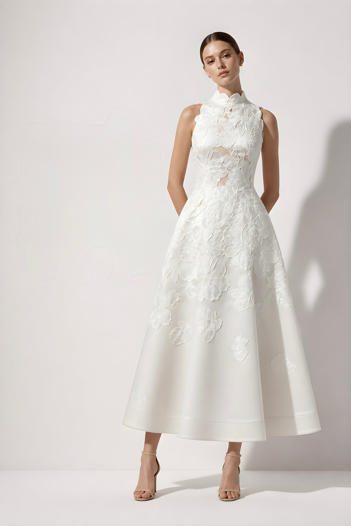 Sleeveless White Floral Midi Dress