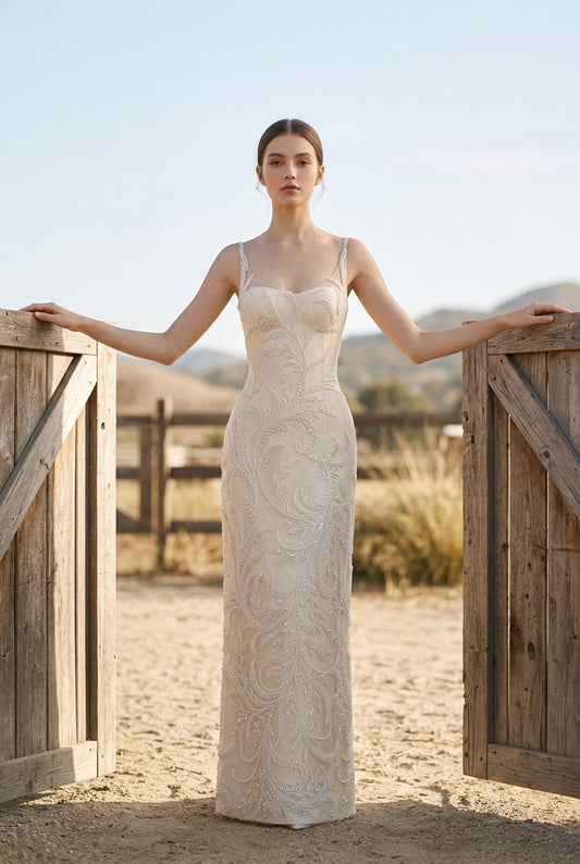 Pearl- Embellished Baroque Long Dress