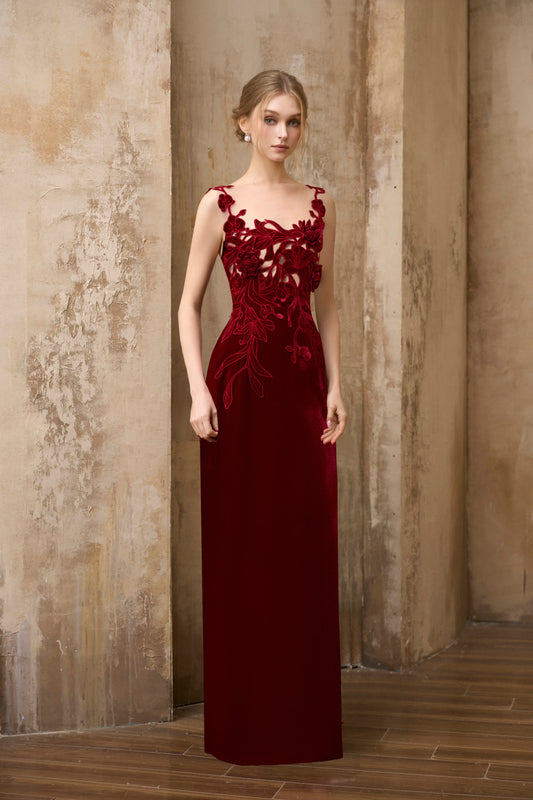 Red Velvet Embroidery I-line Dress