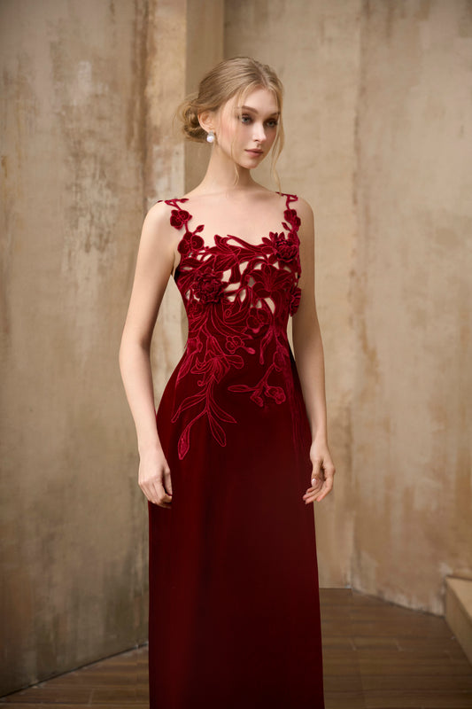 Red Velvet Embroidery I-line Dress