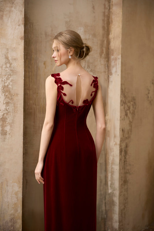 Red Velvet Embroidery I-line Dress