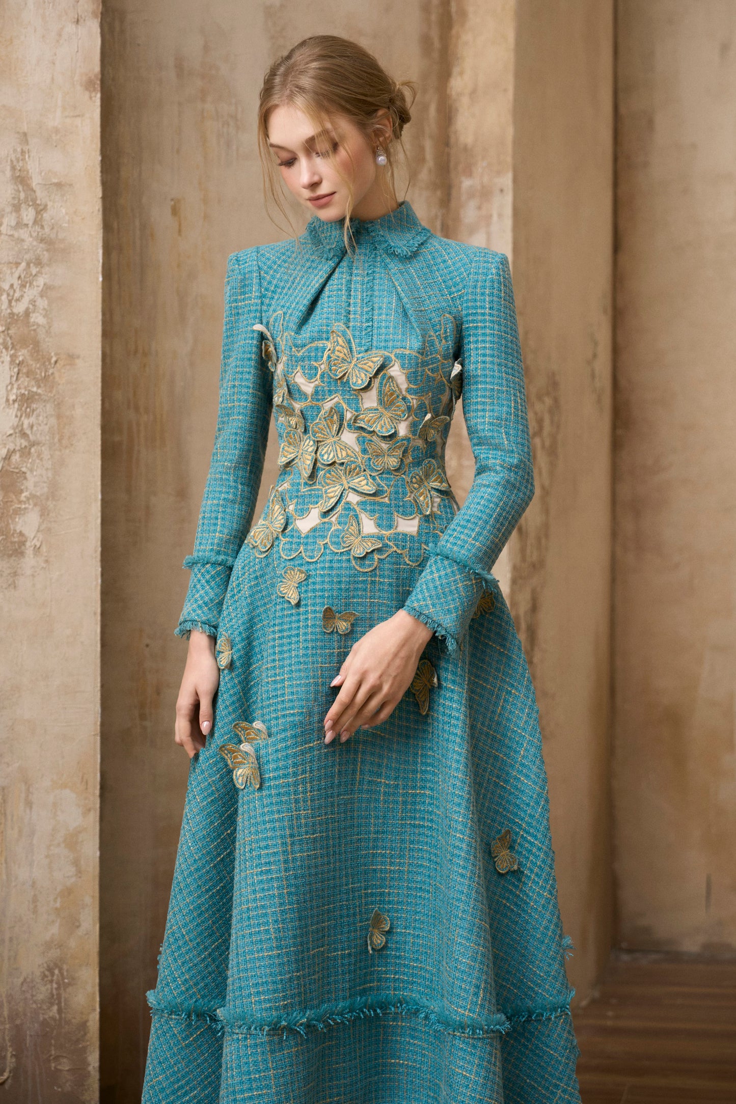 Butterfly Embroidery Tweed Midi Dress