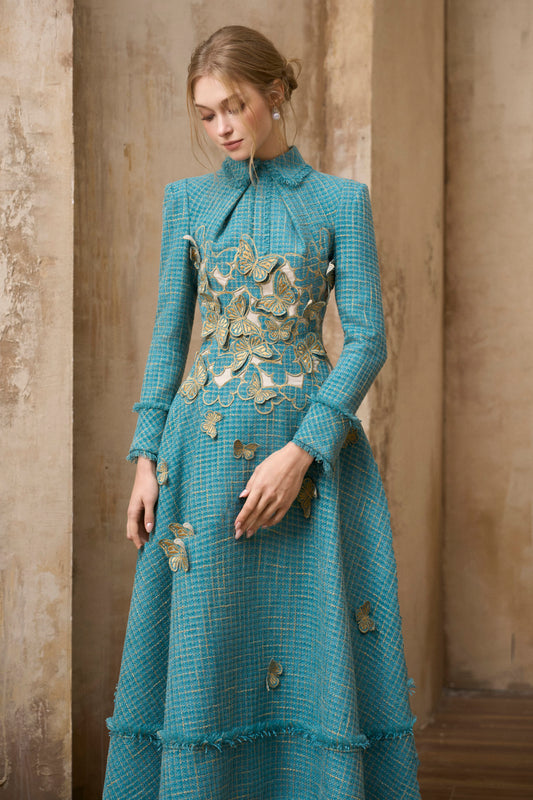 Butterfly Embroidery Tweed Midi Dress