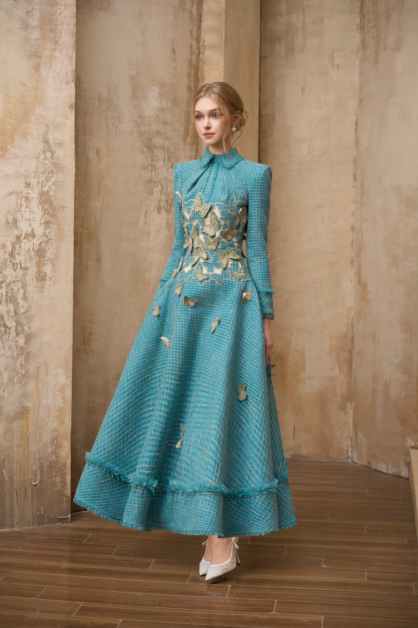 Butterfly Embroidery Tweed Midi Dress