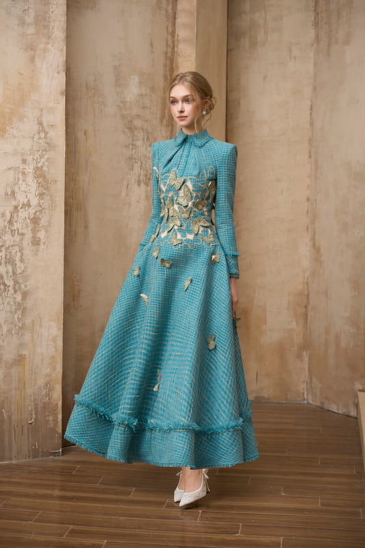 Butterfly Embroidery Tweed Midi Dress
