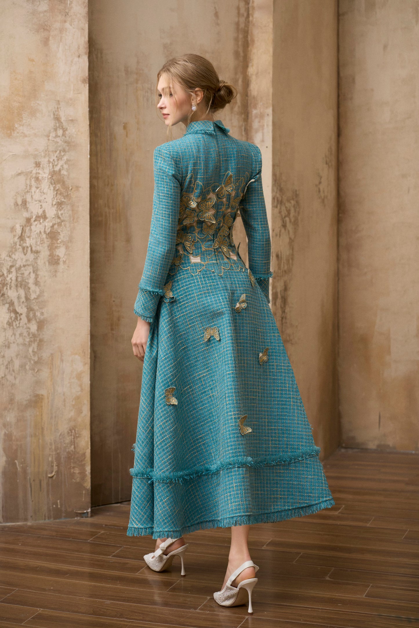 Butterfly Embroidery Tweed Midi Dress