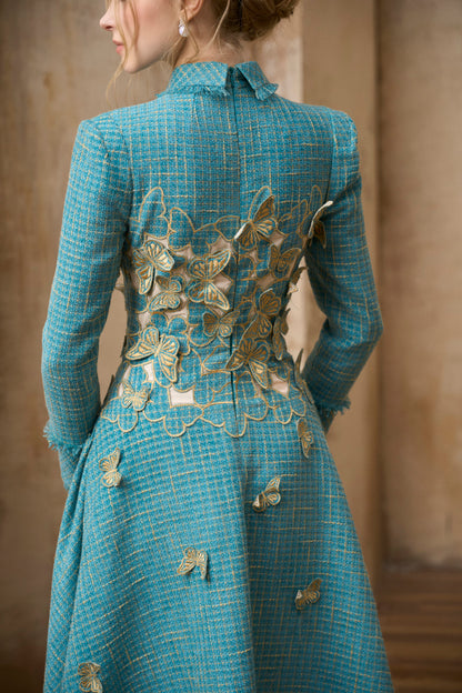 Butterfly Embroidery Tweed Midi Dress