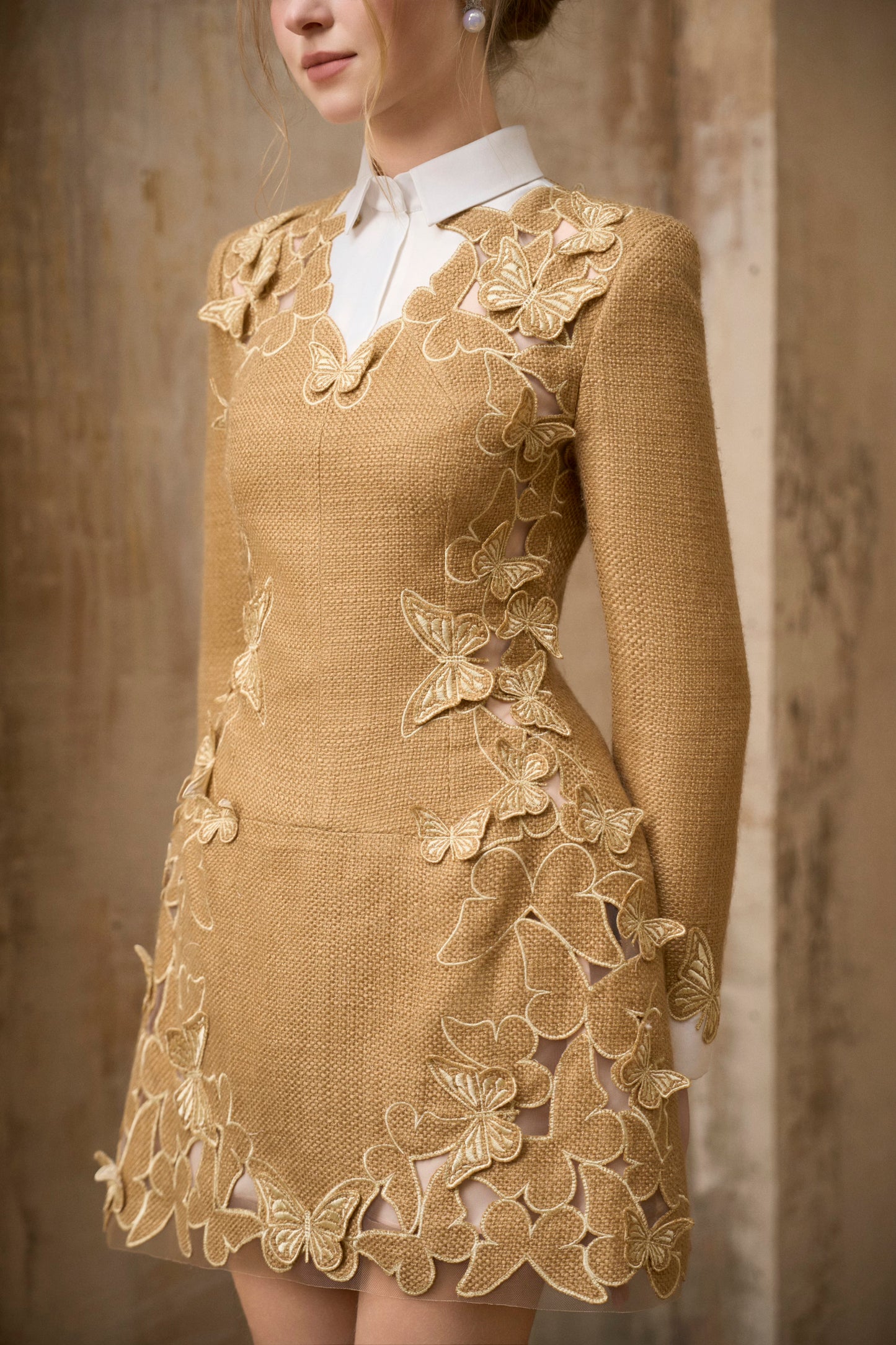 Gold Tweed Butterfly Embroidery Mini Dress