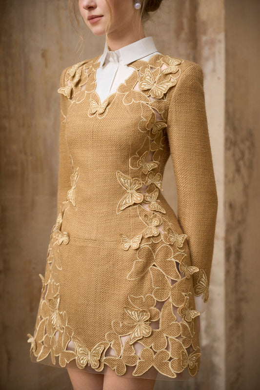 Gold Tweed Butterfly Embroidery Mini Dress