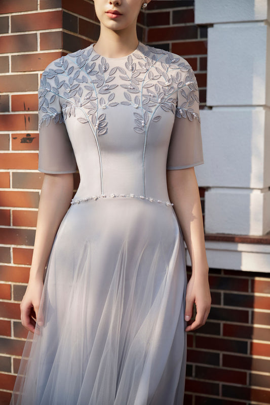 Embroidered Leaves Midi Dress