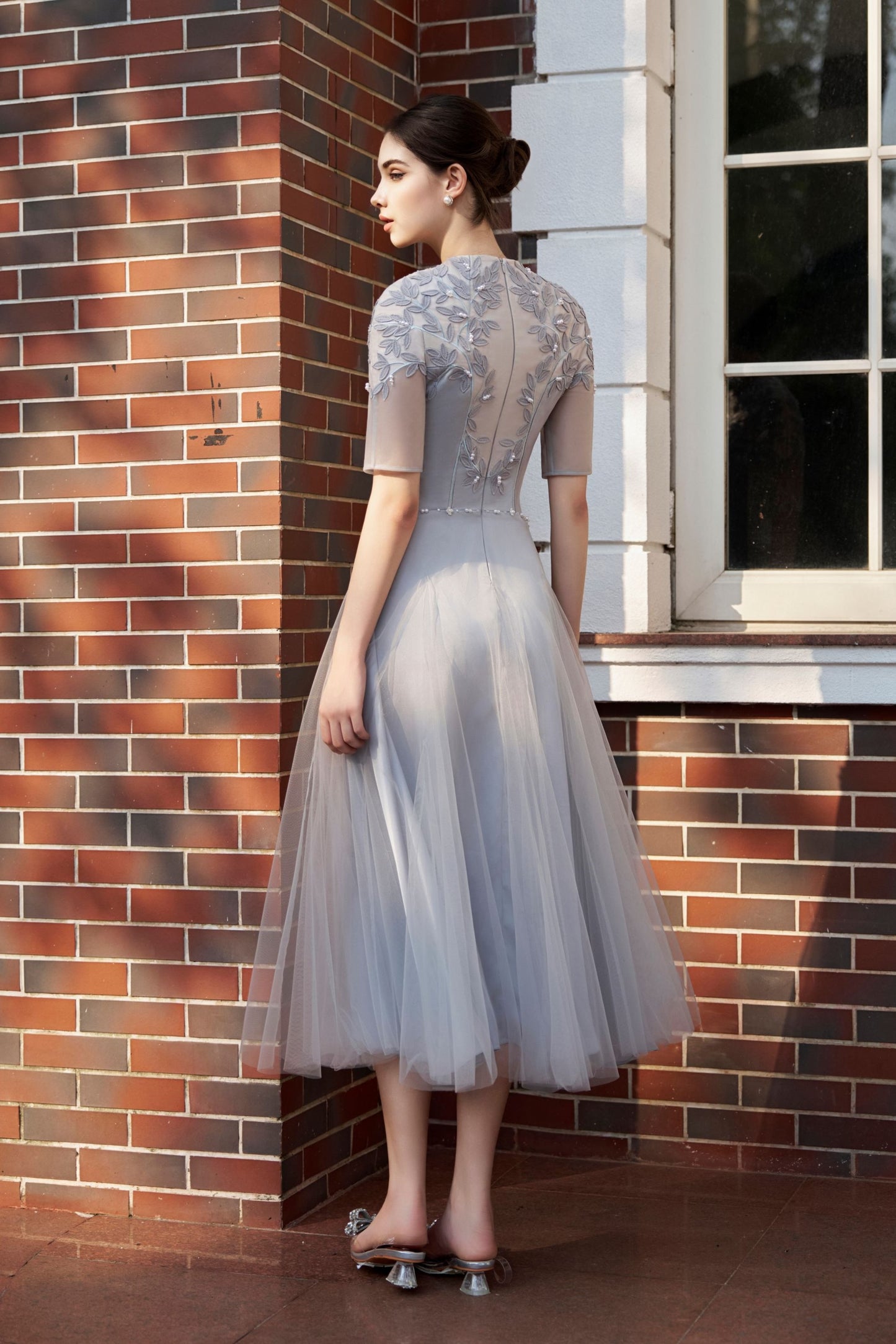 Embroidered Leaves Midi Dress