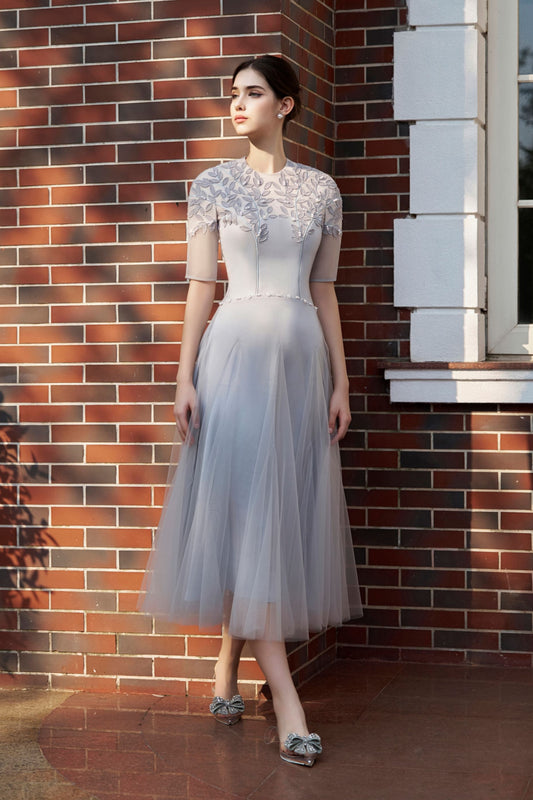 Embroidered Leaves Midi Dress