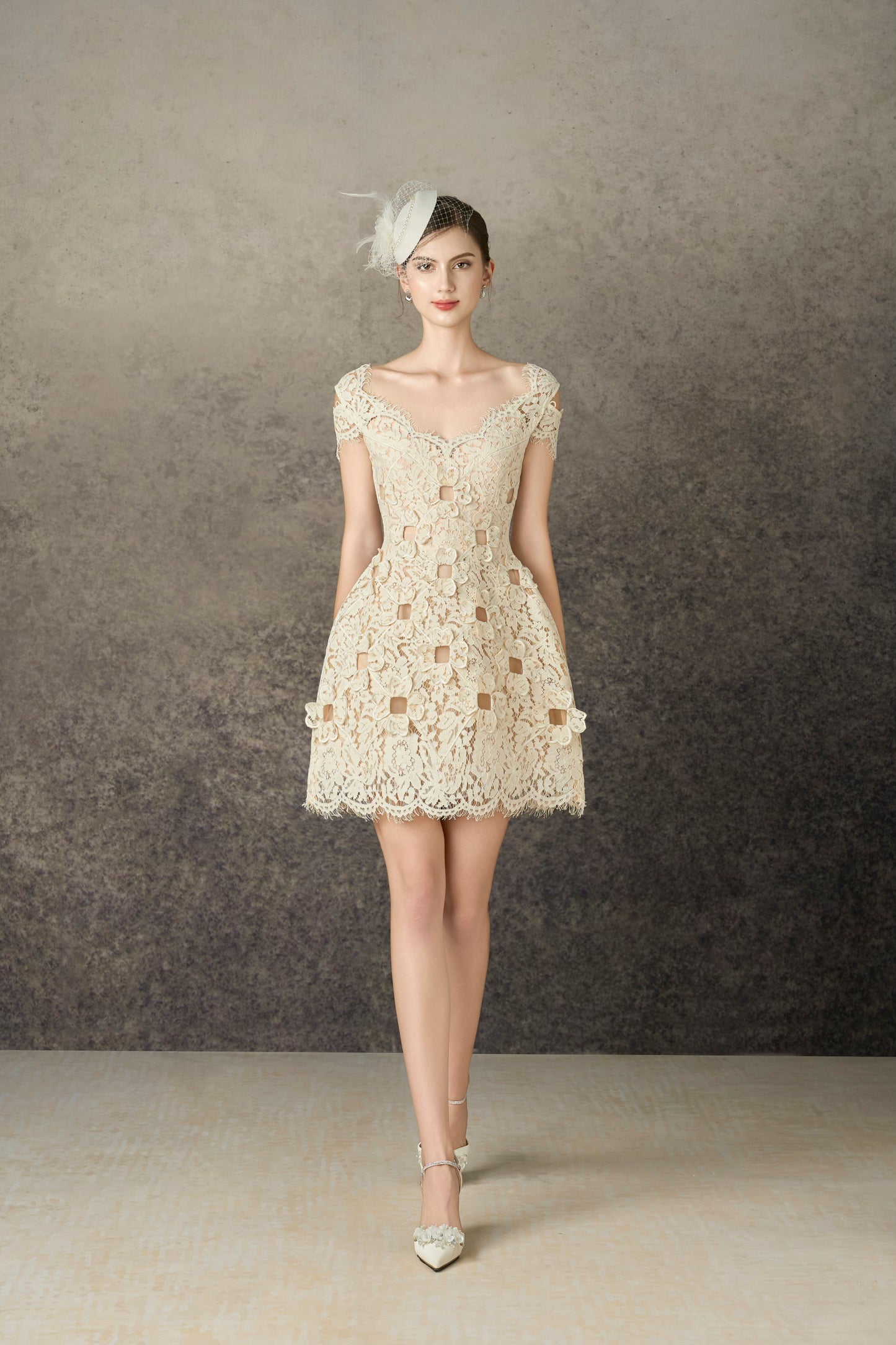 Ivory Floral 3D Mini Lace Dress