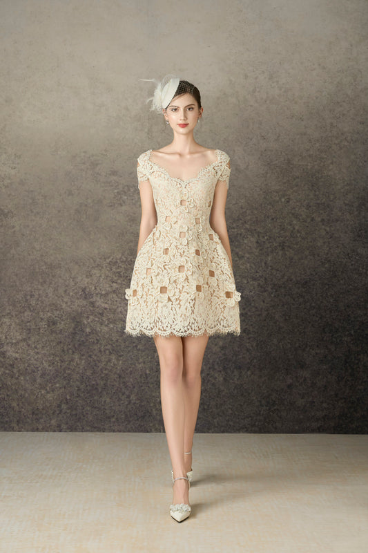Ivory Floral 3D Mini Lace Dress