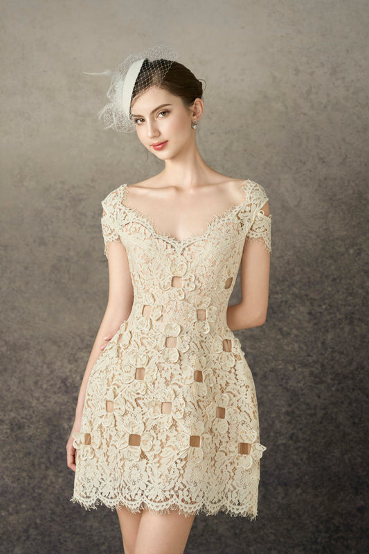 Ivory Floral 3D Mini Lace Dress