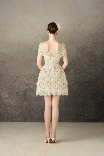 Ivory Floral 3D Mini Lace Dress