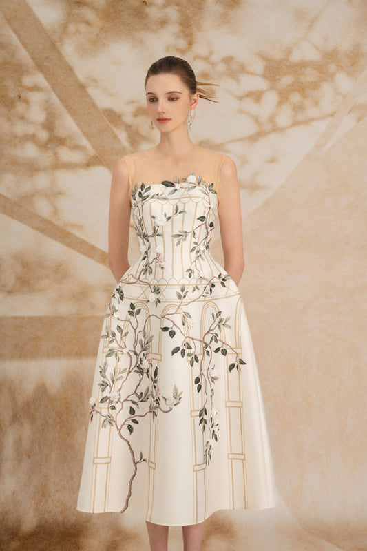 Ivory Printed Strapless Dress