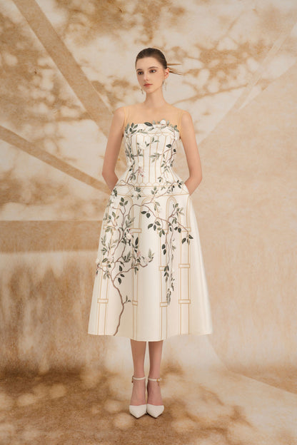 Ivory Printed Strapless Dress
