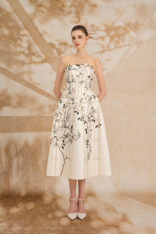 Ivory Printed Strapless Dress