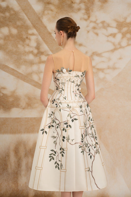 Ivory Printed Strapless Dress