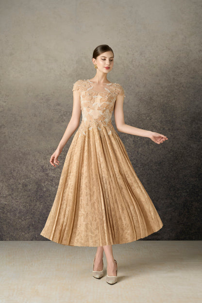 Floral Pleated Midi Lace Dress