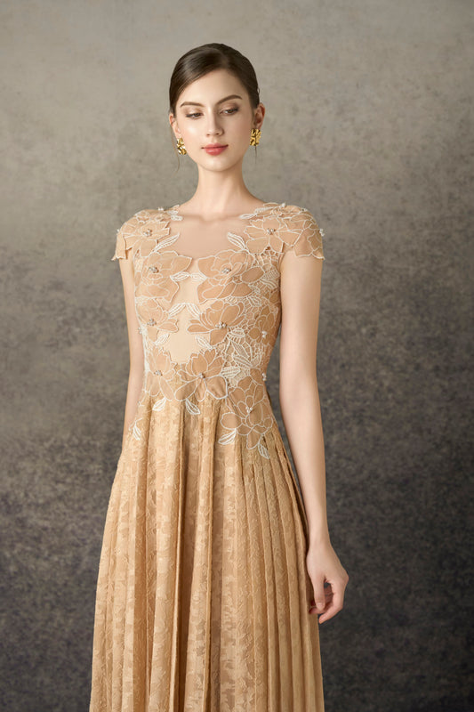Floral Pleated Midi Lace Dress