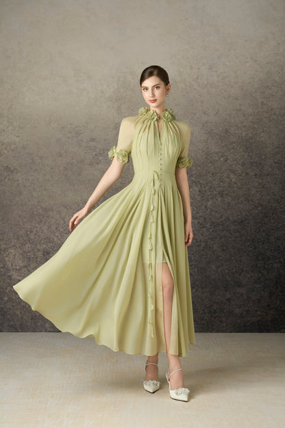 Short Slevee Green Drapping Midi Dress
