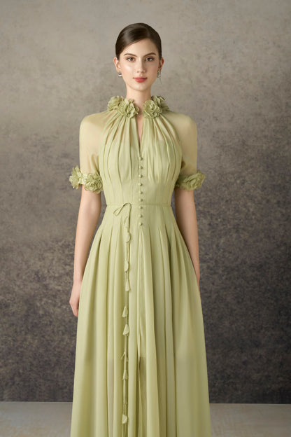 Short Slevee Green Drapping Midi Dress