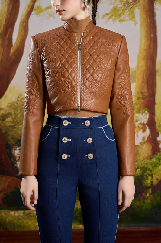 Brown Leather Embroidery Jacket
