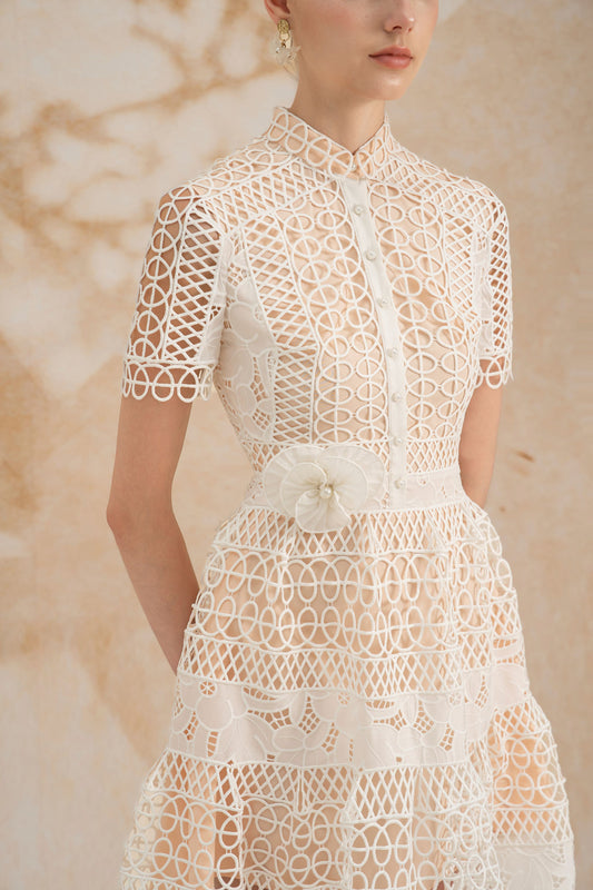 SleeveLess White Midi Lace Dress