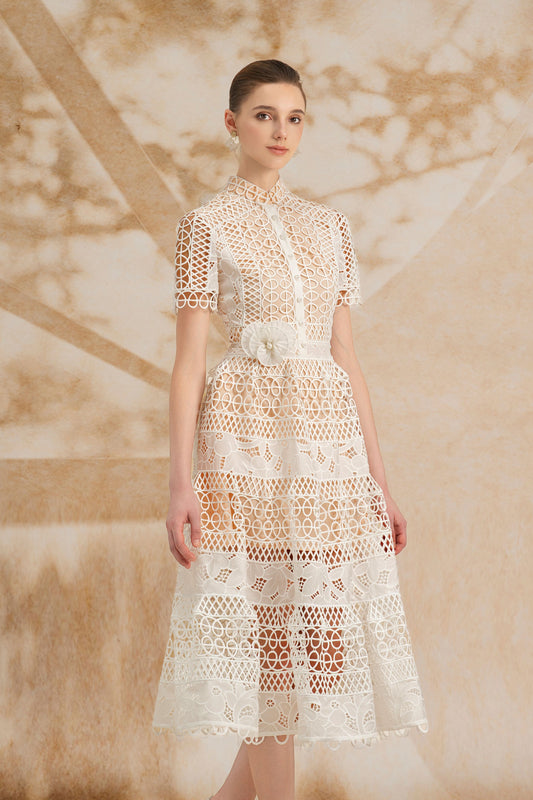 SleeveLess White Midi Lace Dress