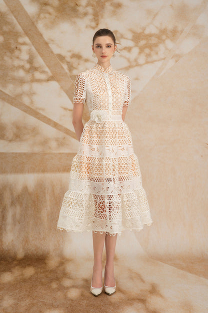 SleeveLess White Midi Lace Dress
