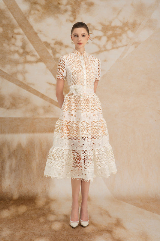 SleeveLess White Midi Lace Dress