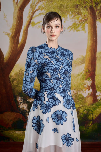 Denim Embroidery Sunflower Dress