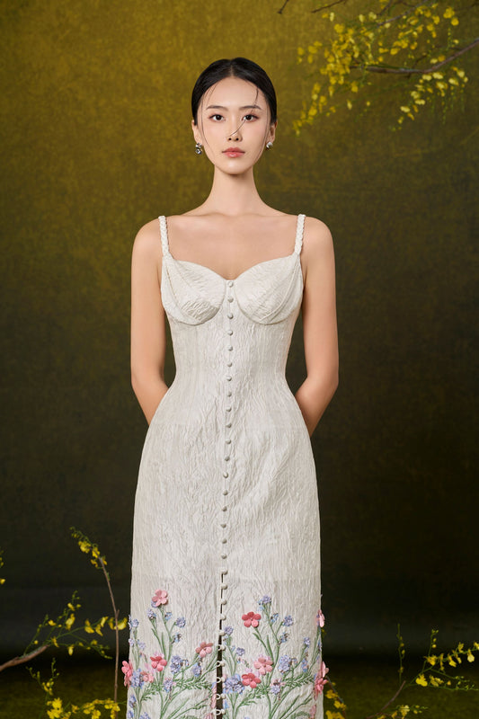 Ivory Floral Jacquard Cup Dress