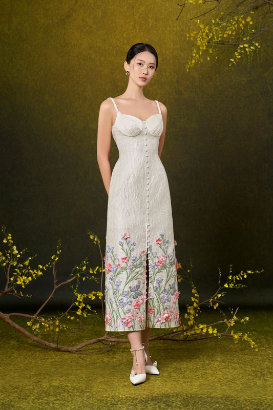 Ivory Floral Jacquard Cup Dress