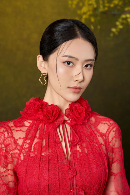 Red Rose Midi Lace Dress