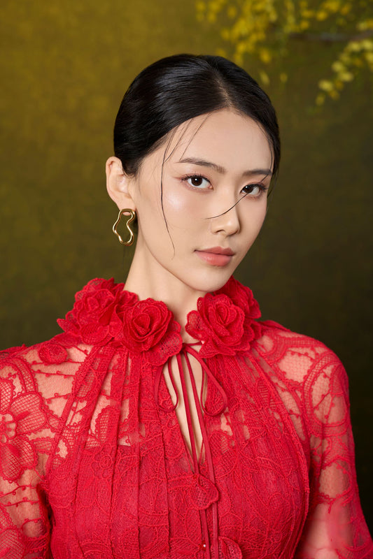 Red Rose Midi Lace Dress