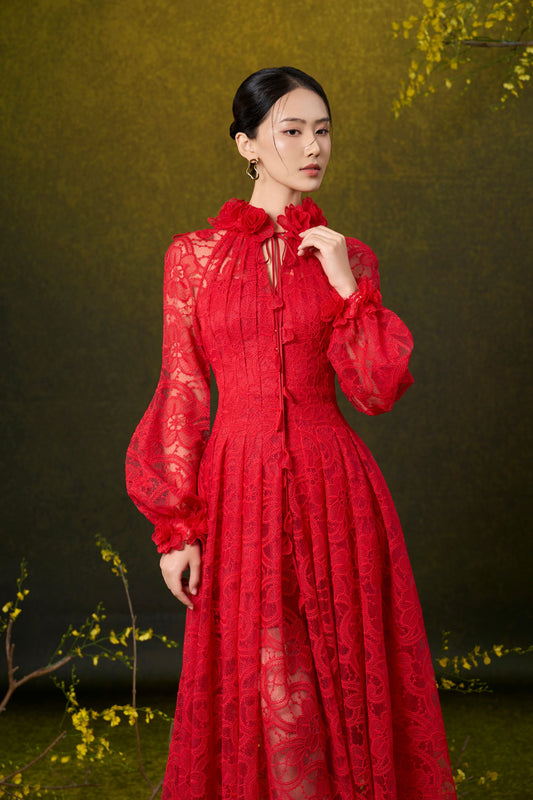 Red Rose Midi Lace Dress