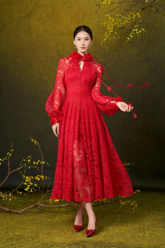 Red Rose Midi Lace Dress