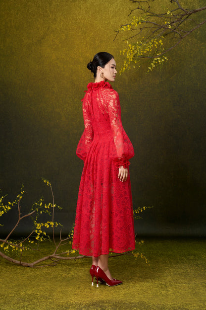 Red Rose Midi Lace Dress