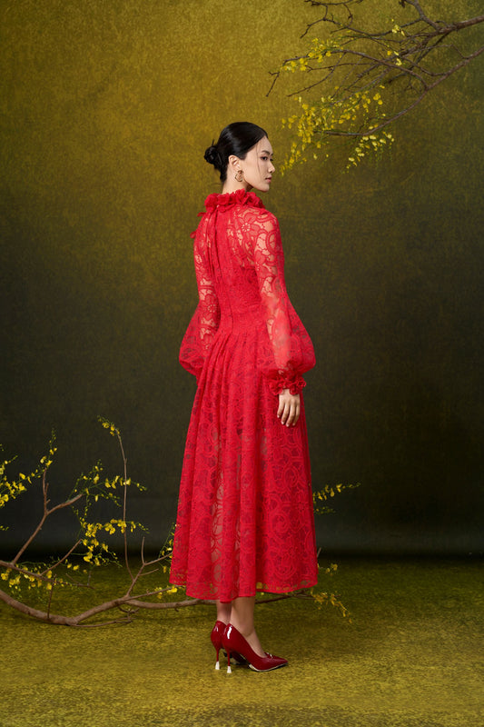 Red Rose Midi Lace Dress