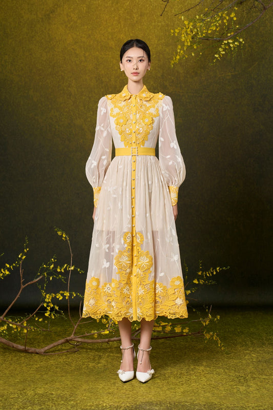 LongSleeve Embroidery Midi Lace Dress