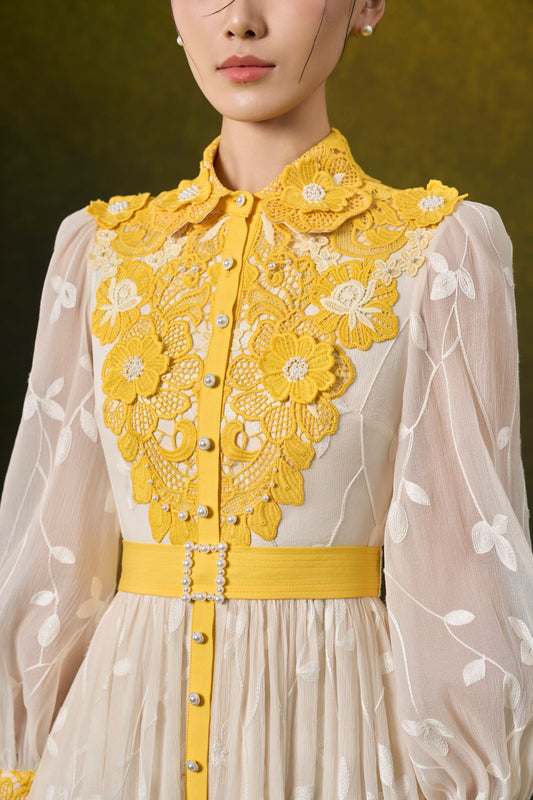 LongSleeve Embroidery Midi Lace Dress
